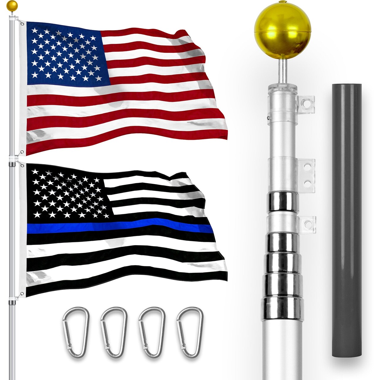 G128 Combo Pack: 20 Ft Telescoping Aluminum Flagpole (Silver) & American and Thin Blue Line Flags 3x5 Ft, Both StormFlyer Series Embroidered 220GSM Spun Polyester | Pole with Flags Included